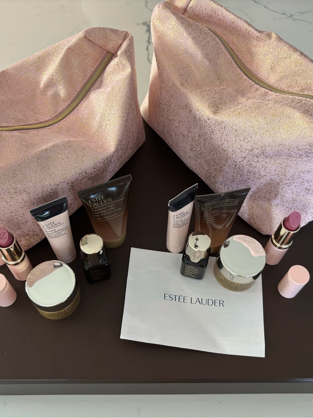 Estee Lauder Pink Shimmer Makeup Bag Set with Skincare & Lipstick